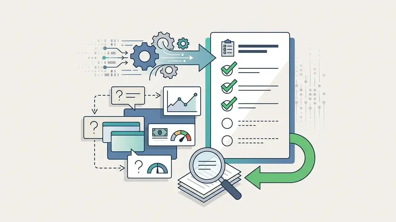 Gear system processing data into a checklist with magnifying glass inspection and feedback loops