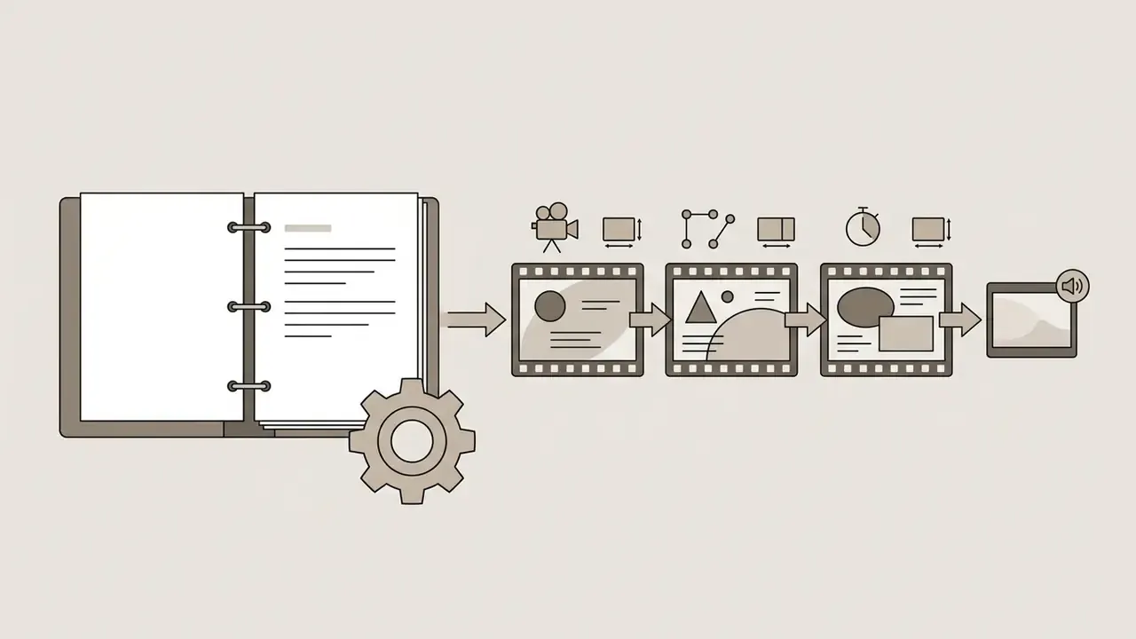 Binder with a gear icon feeding into a sequence of film frames with camera, aspect ratio, and audio icons