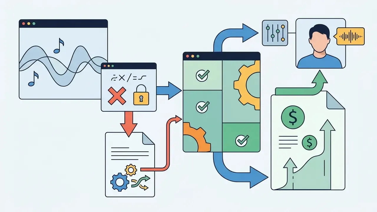 Audio waveforms and licensing icons connecting to a central processing hub for commercial monetization