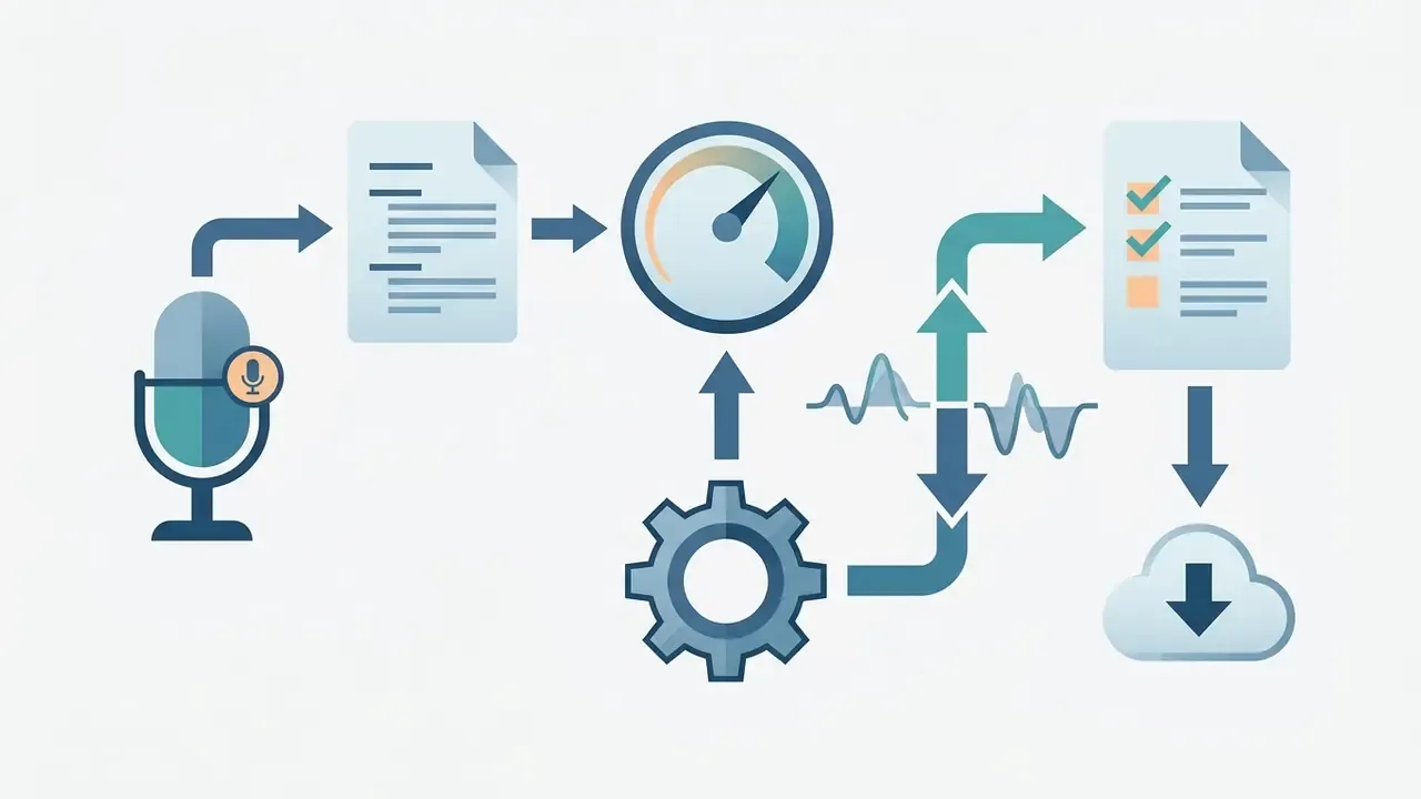 Workflow diagram showing microphone input, document processing, gauge analysis, and cloud storage output