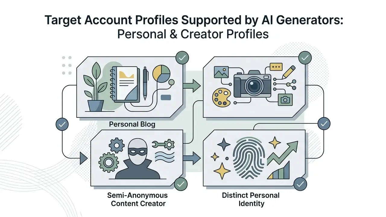 Four interconnected panels showing icons for blogs, creative tools, anonymous figures, and fingerprints