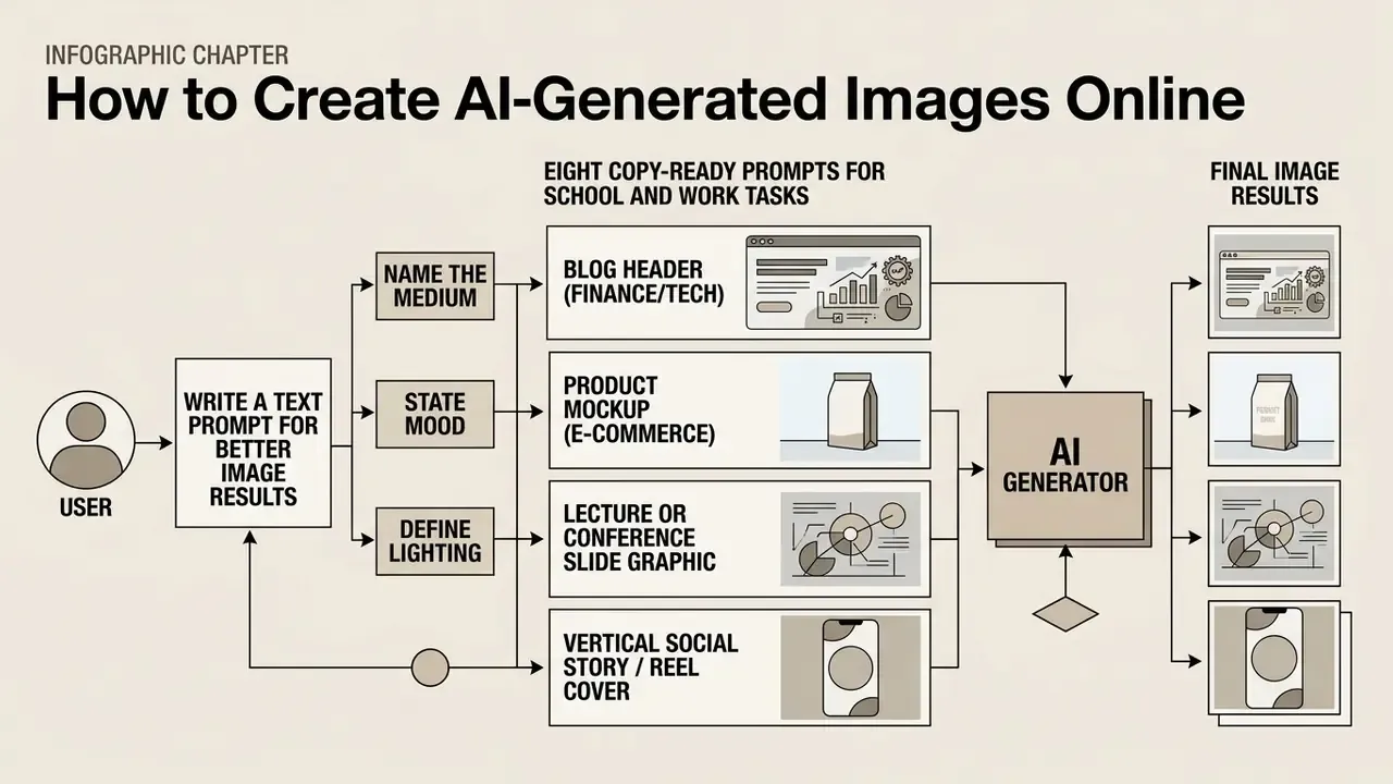Flowchart showing how to use an AI generator unblocked by creating text prompts for specific task types