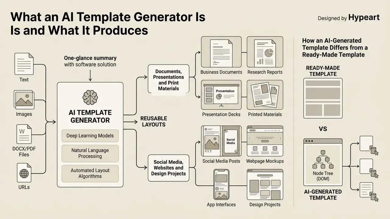 Flowchart showing how an AI template generator processes various inputs into diverse document layouts