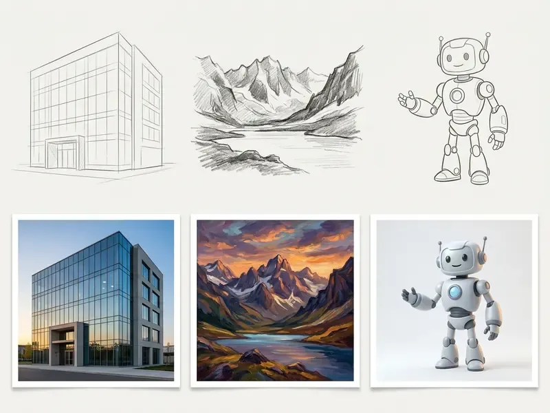 Comparison of pencil sketches of a building, mountains, and robot with their rendered AI counterparts