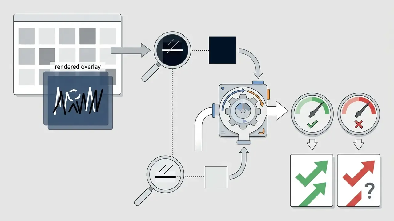 Process flow sampling light and dark pixels from a rendered overlay to test contrast against thresholds