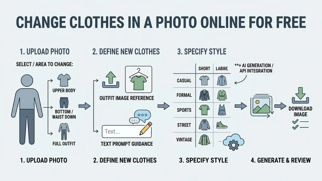 Four-step infographic showing how to change clothes in a photo online for free using AI tools