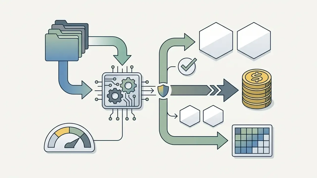 Data folders and a gauge feeding into a processor that outputs to financial and grid-based assets