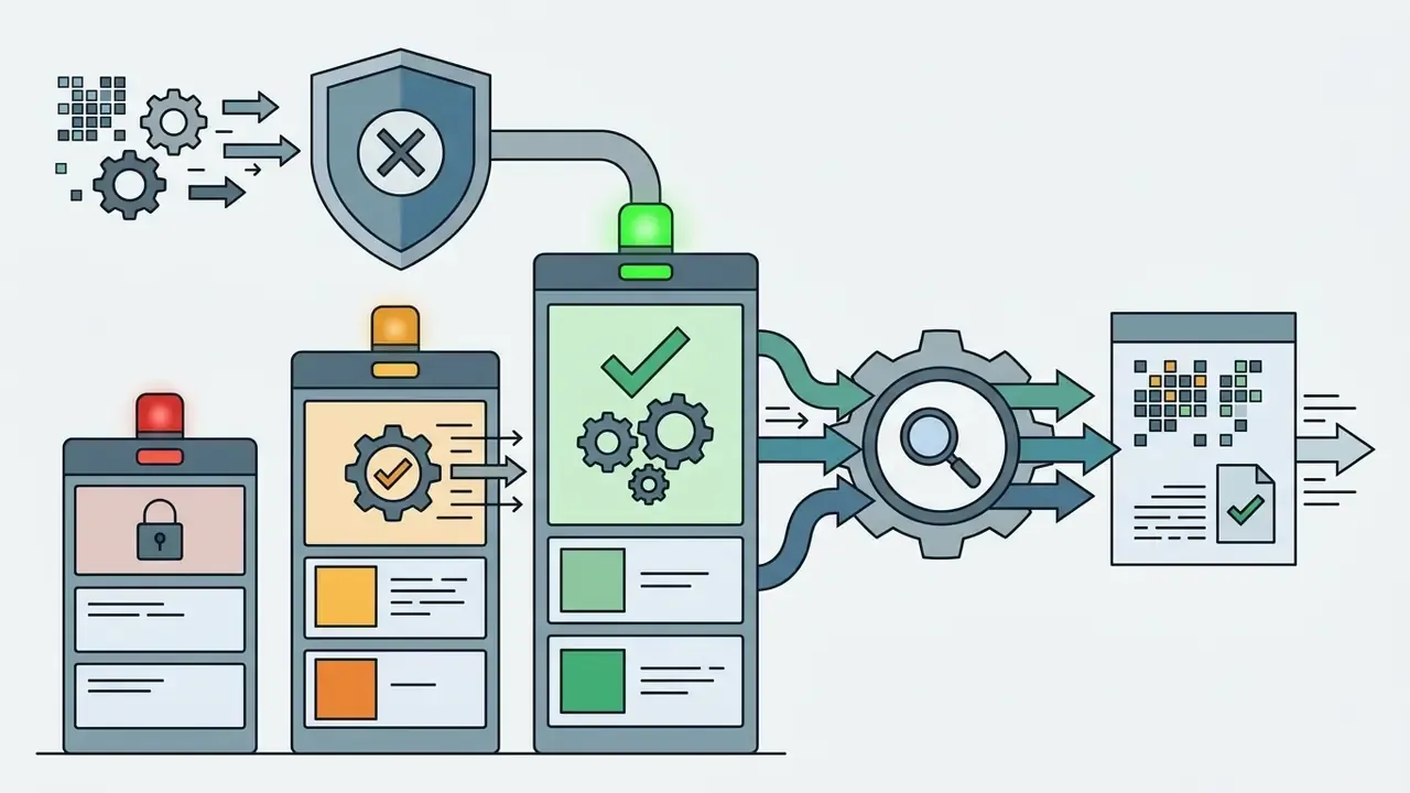Process showing security shields and gears filtering digital inputs into approved compliance reports