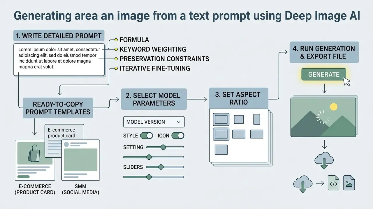 Step-by-step guide showing prompt creation, parameter selection, aspect ratio settings, and file export