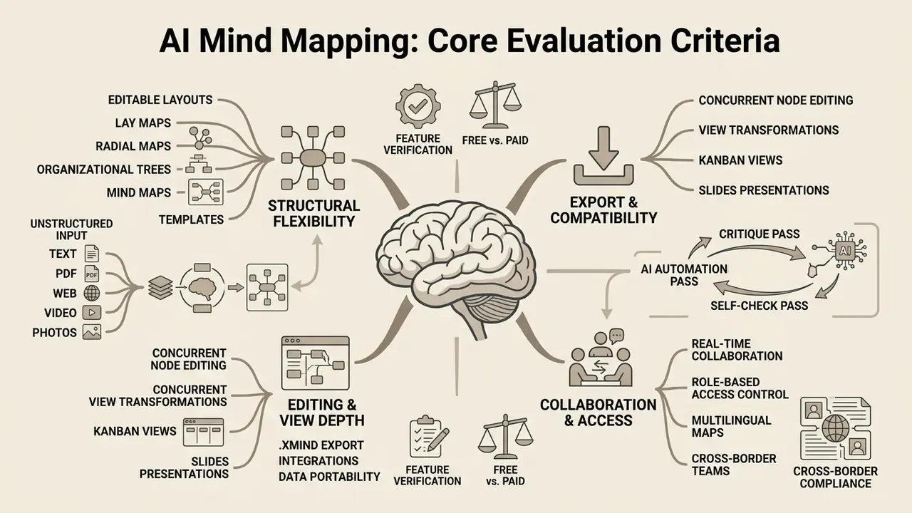 Central brain icon surrounded by categories for evaluating an AI mind map generator tool