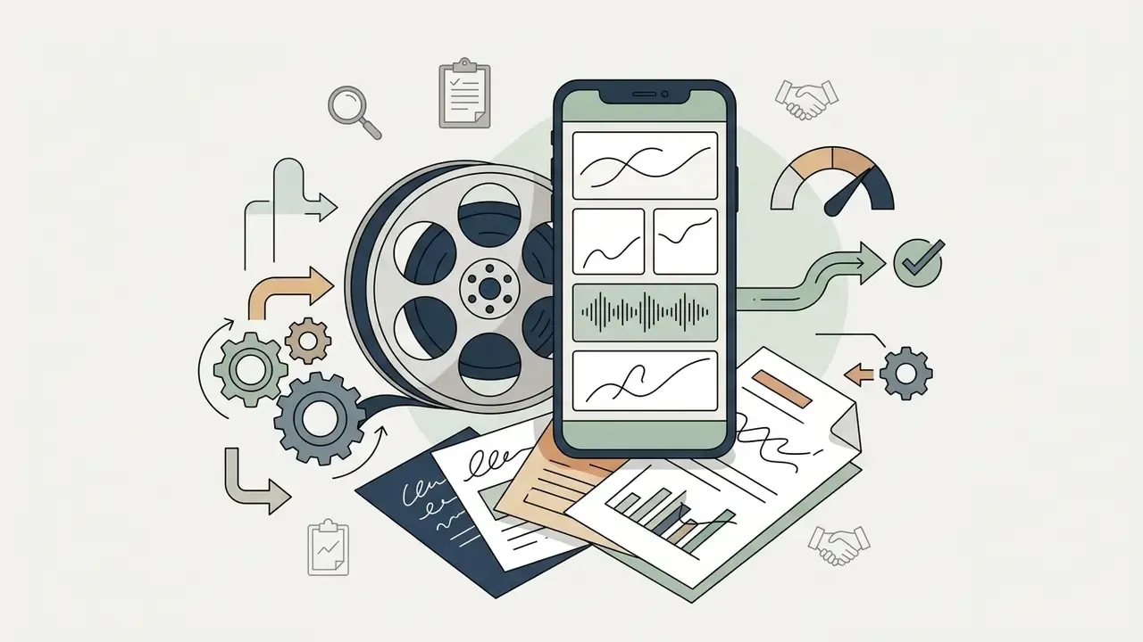 Smartphone screen displaying data charts and audio waveforms surrounded by film reels and documents
