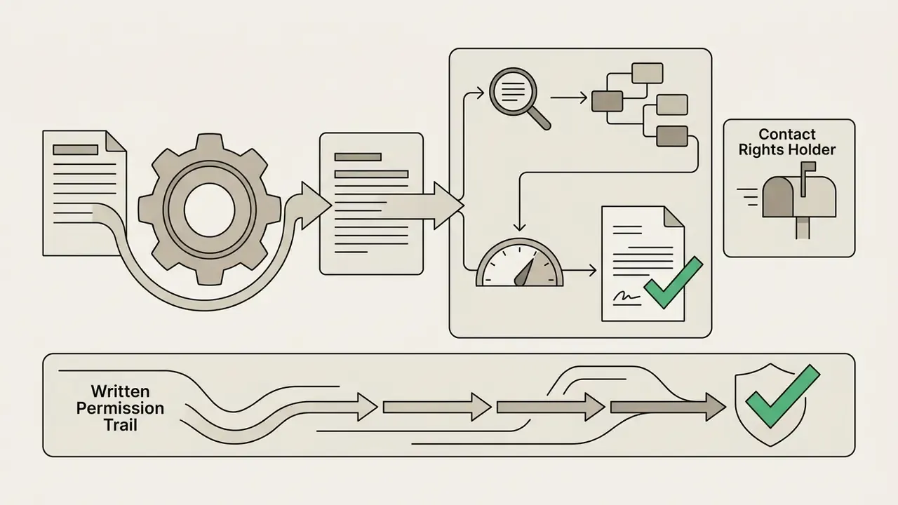 Workflow diagram showing document processing through gears and research steps to obtain legal permissions