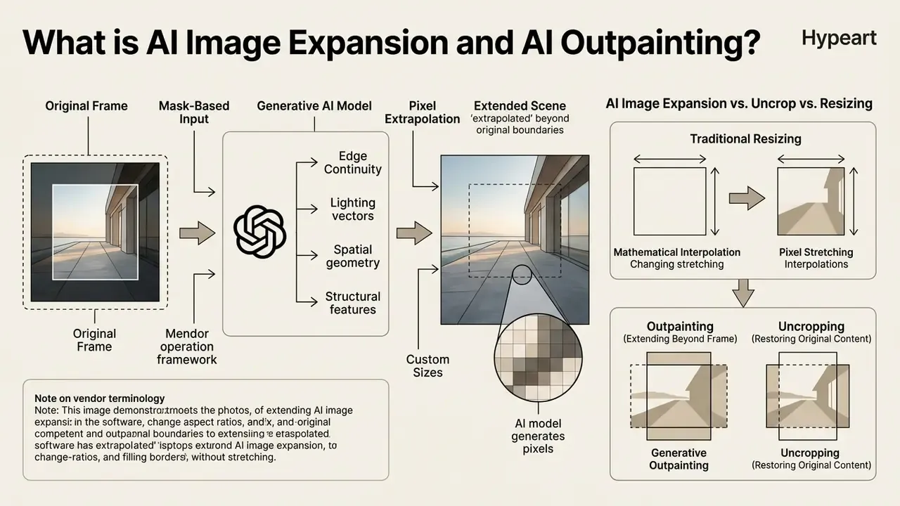 Diagram explaining how generative AI models extrapolate pixels to expand images beyond original boundaries