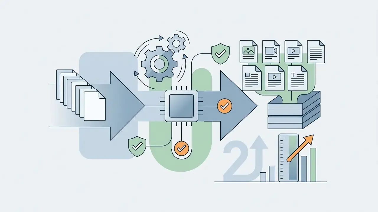 Documents passing through a central processor with checkmark gates to generate diverse media assets