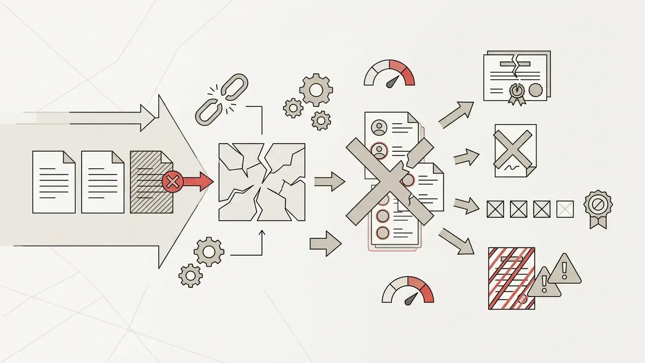 Restricted document moving through gears and a broken square to a rejected portfolio marked with a large X