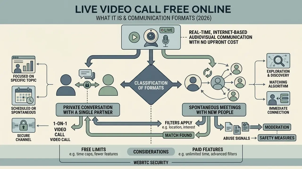 Flowchart comparing private one-on-one calls with spontaneous random video chat formats