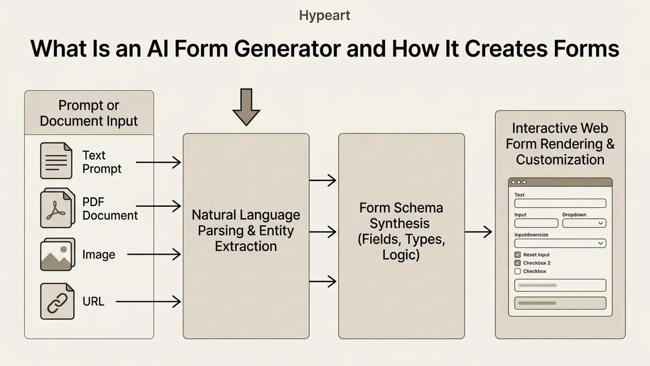 Flowchart showing inputs processed into form schemas and rendered as interactive web forms