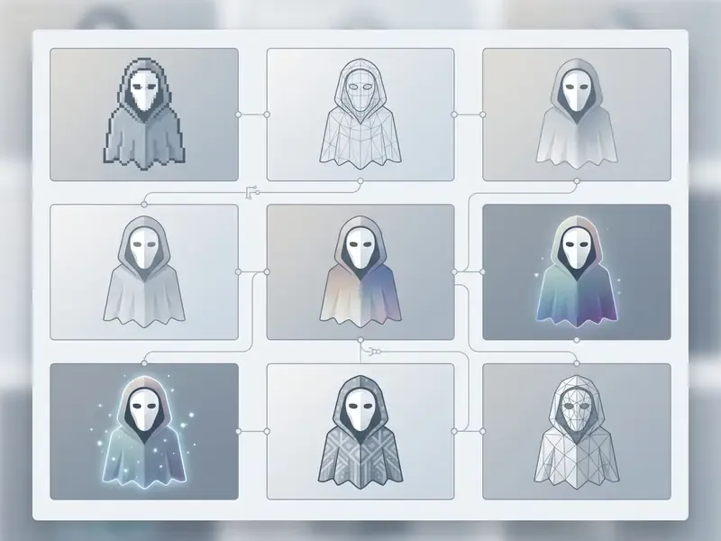 Grid of nine stylized hooded figures in various artistic forms connected by lines in a flowchart layout