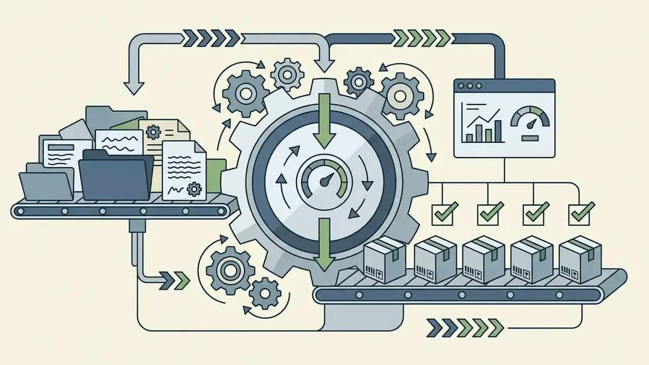 Files on a conveyor belt being processed by gears into standardized packages with status indicators