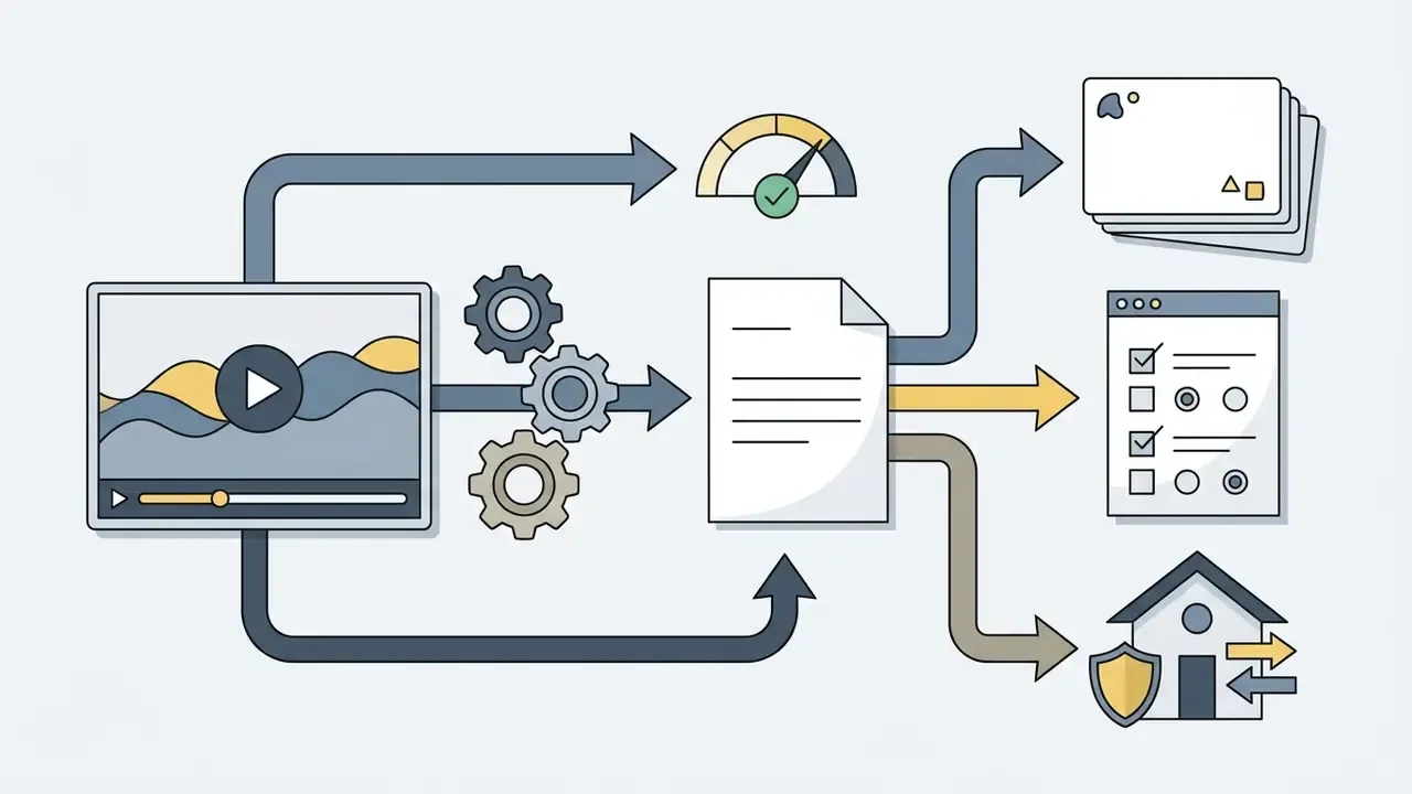 Video content processed by gears to generate flashcards, multiple-choice quizzes, and LMS integrations