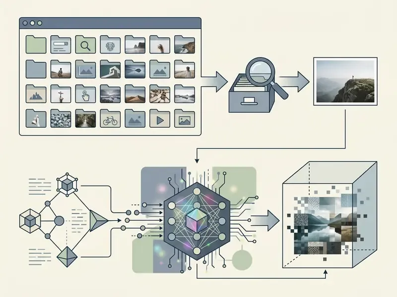 Diagram contrasting static stock photo database retrieval with the generative AI synthesis process