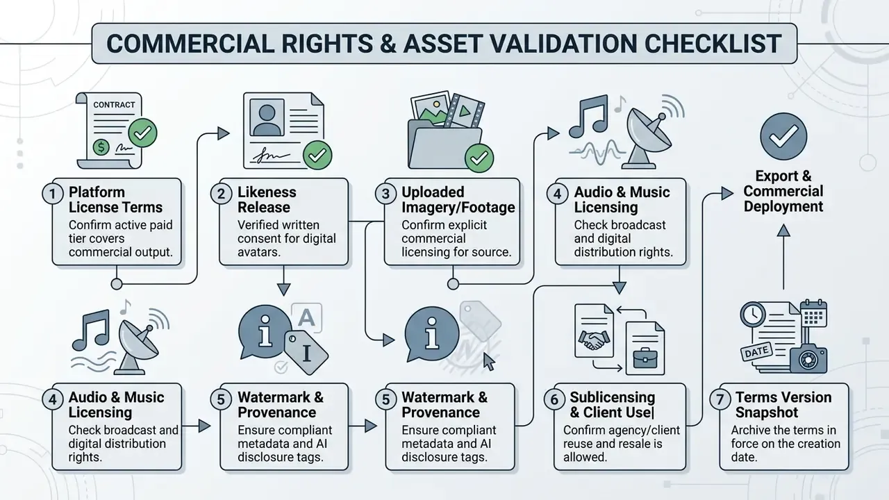 Seven-step workflow diagram outlining legal and asset validation requirements for AI video creation