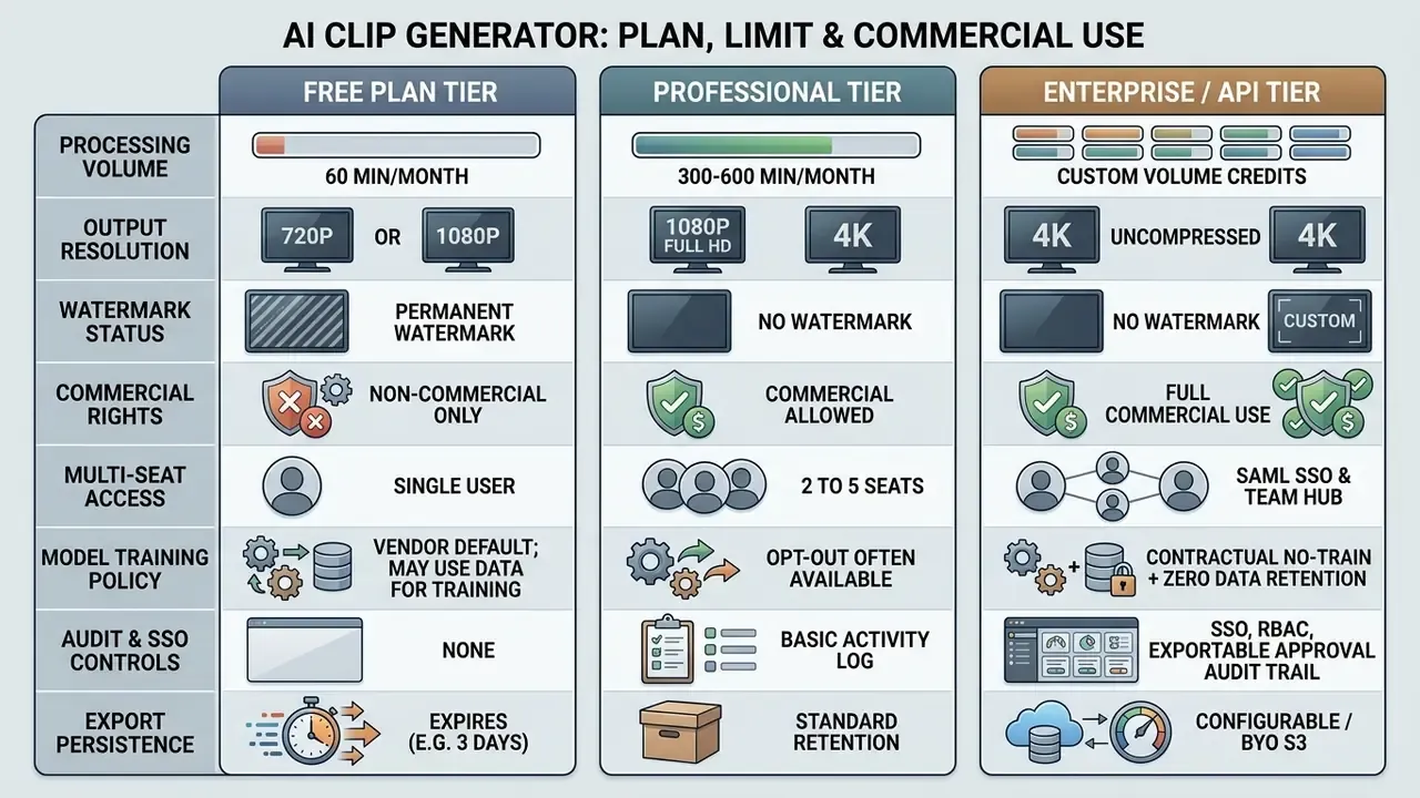 Comparison grid showing features, usage limits, and commercial rights for free, professional, and API plans