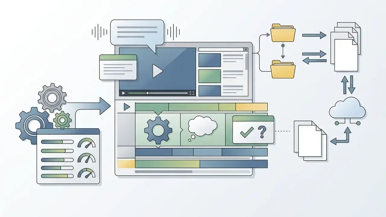 Video editing interface with gears, cloud storage icons, and quiz integration for classroom projects