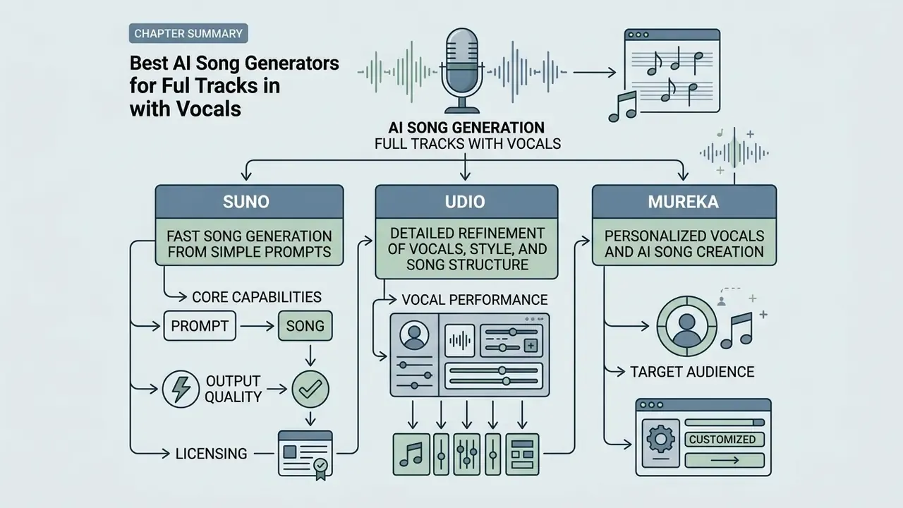 Diagram detailing the specific features and workflows of Suno, Udio, and Mureka music generation tools