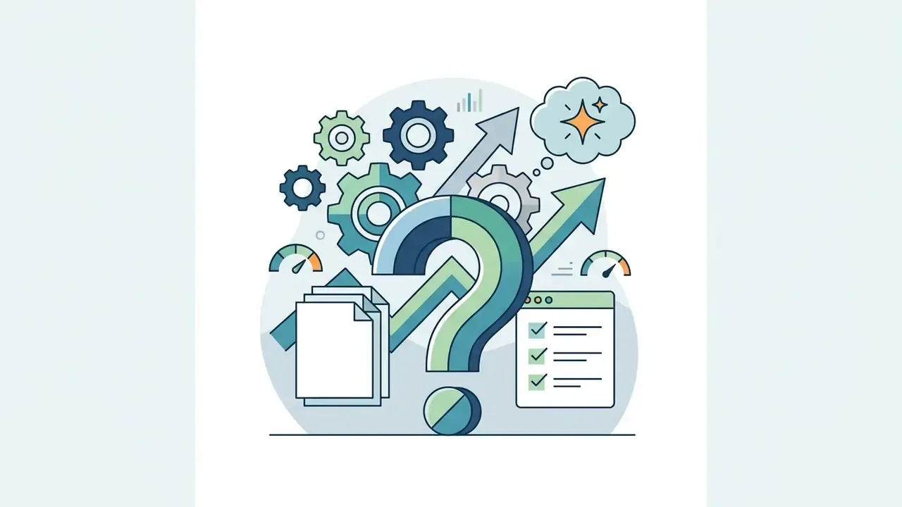 Question mark surrounded by gears, documents, a checklist, and upward trending arrows