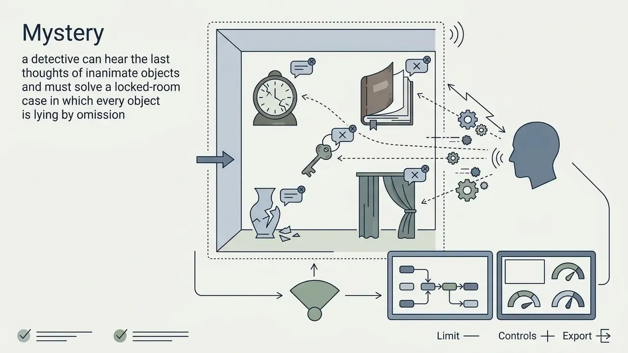Detective listening to inanimate objects in a room connected to an AI fanfic generator control interface