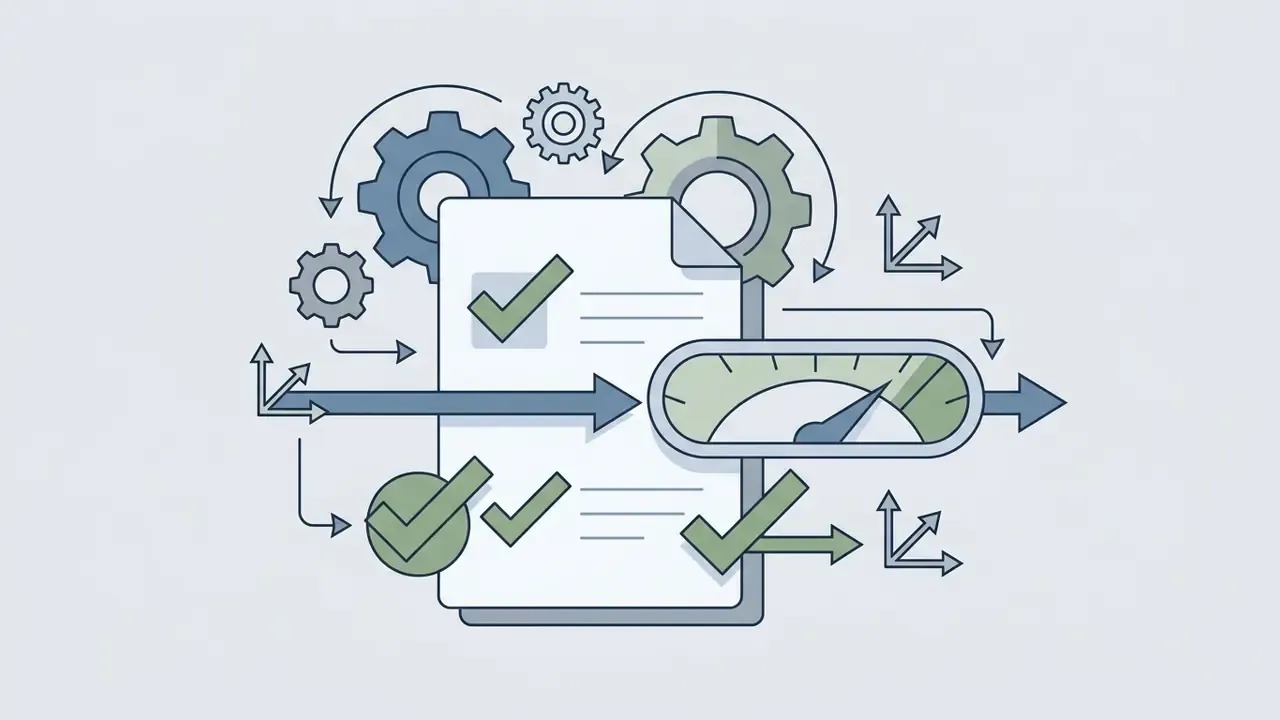 Document icon surrounded by gears and checkmarks with a speedometer indicating performance metrics