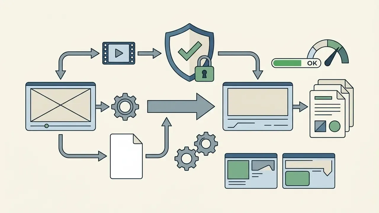 Video processing pipeline showing files passing through a security shield and gears to final output documents