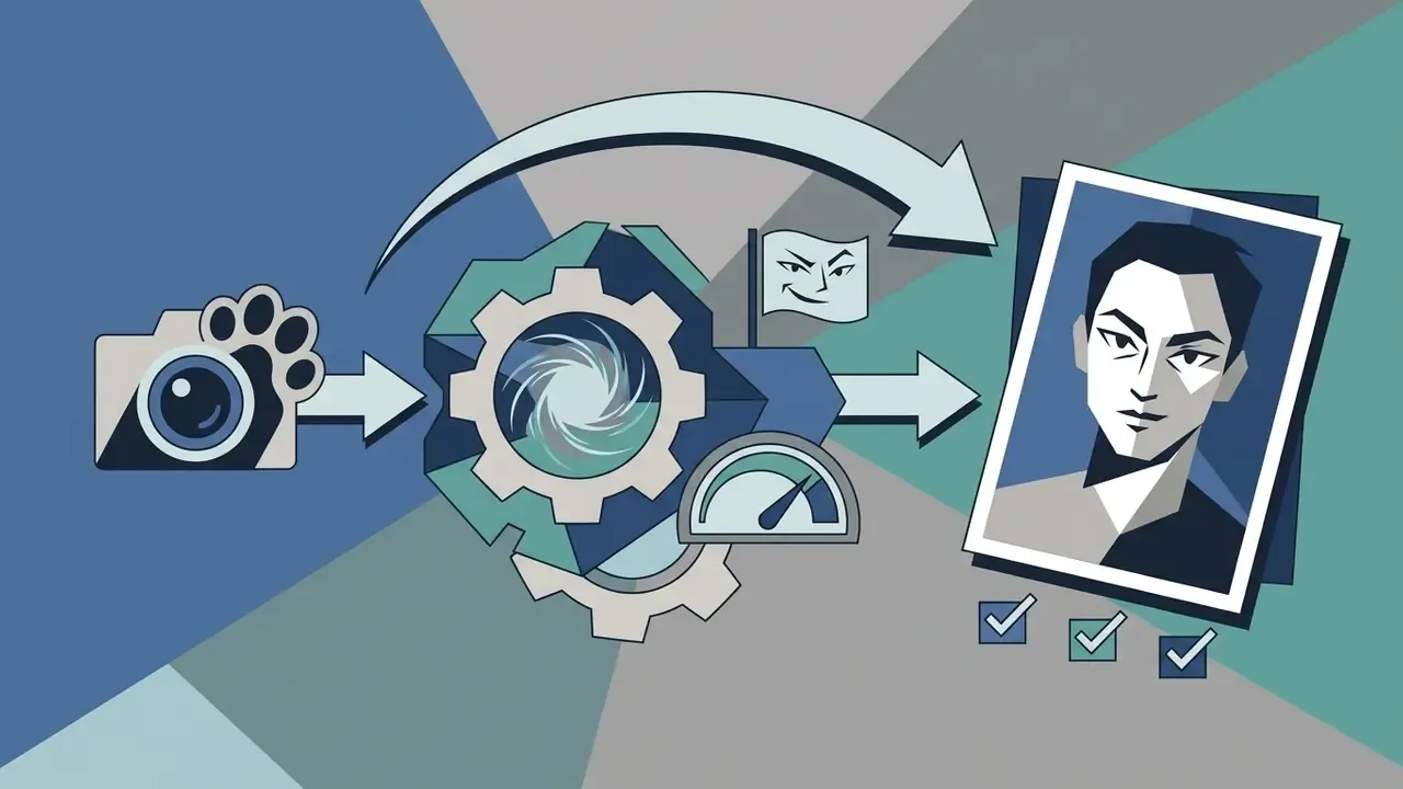 Camera icon with a paw print transforming through gears into a stylized human portrait with checkmarks