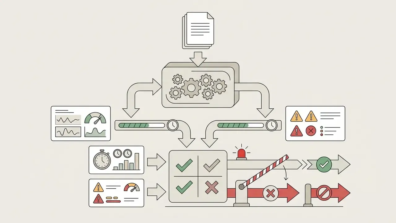 Flowchart showing automated testing and validation gates for AI video API performance and error monitoring