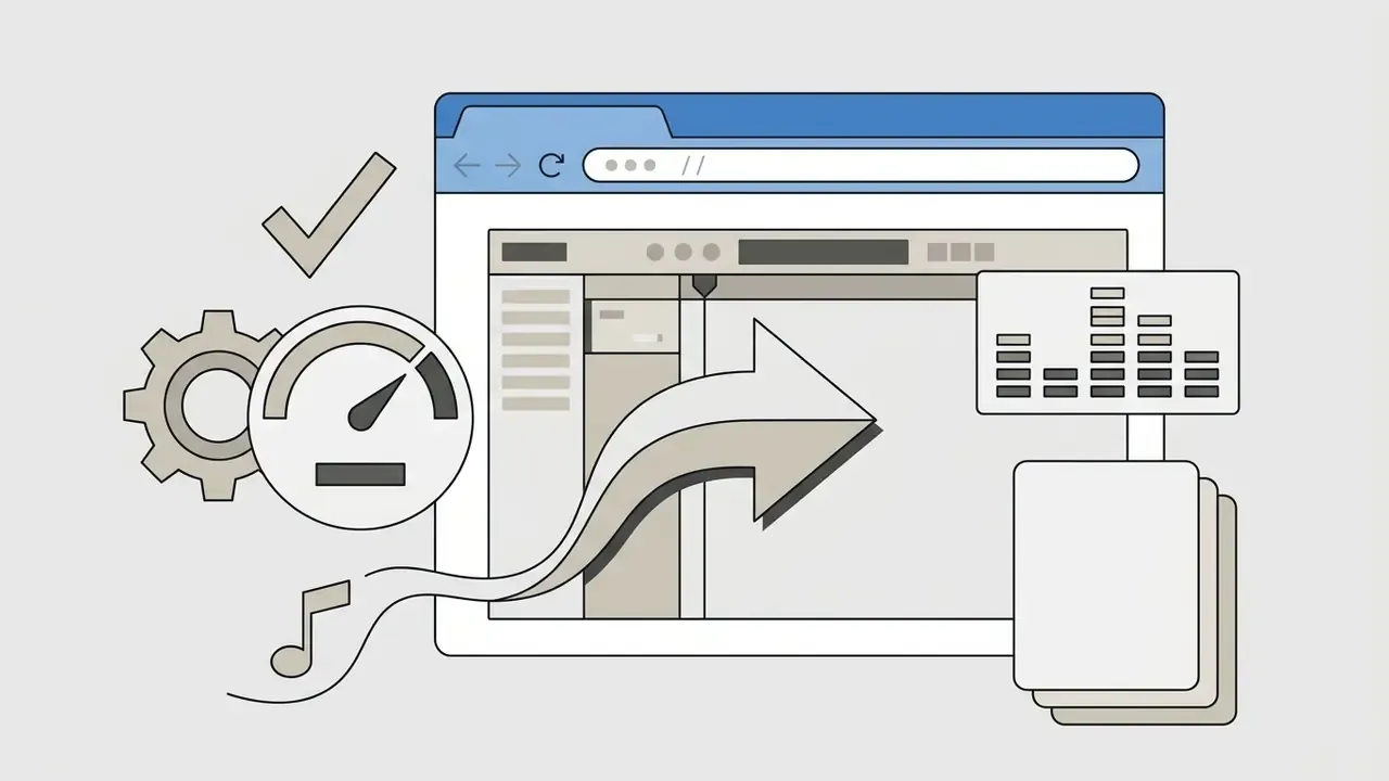 Browser window showing a gear, speed gauge, and audio equalizer icon with a large arrow pointing inside