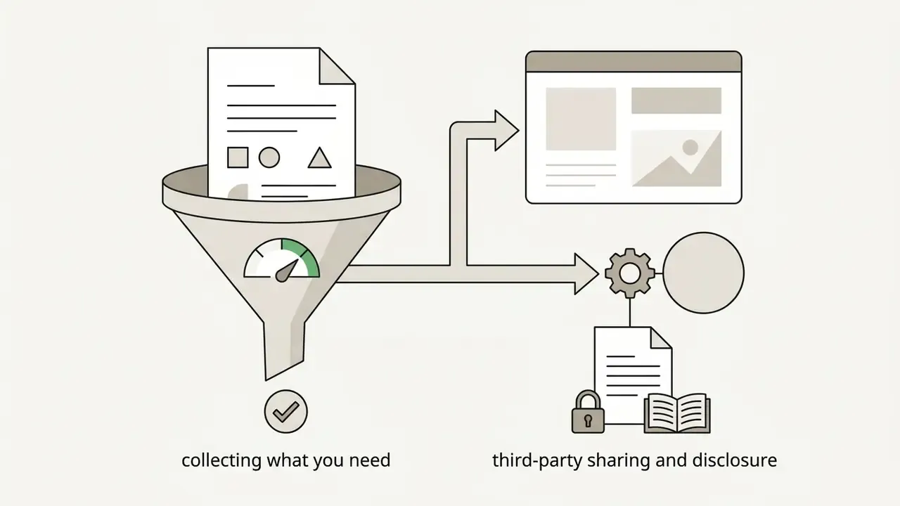 Document passing through a funnel to a website layout and a gear mechanism for data disclosure
