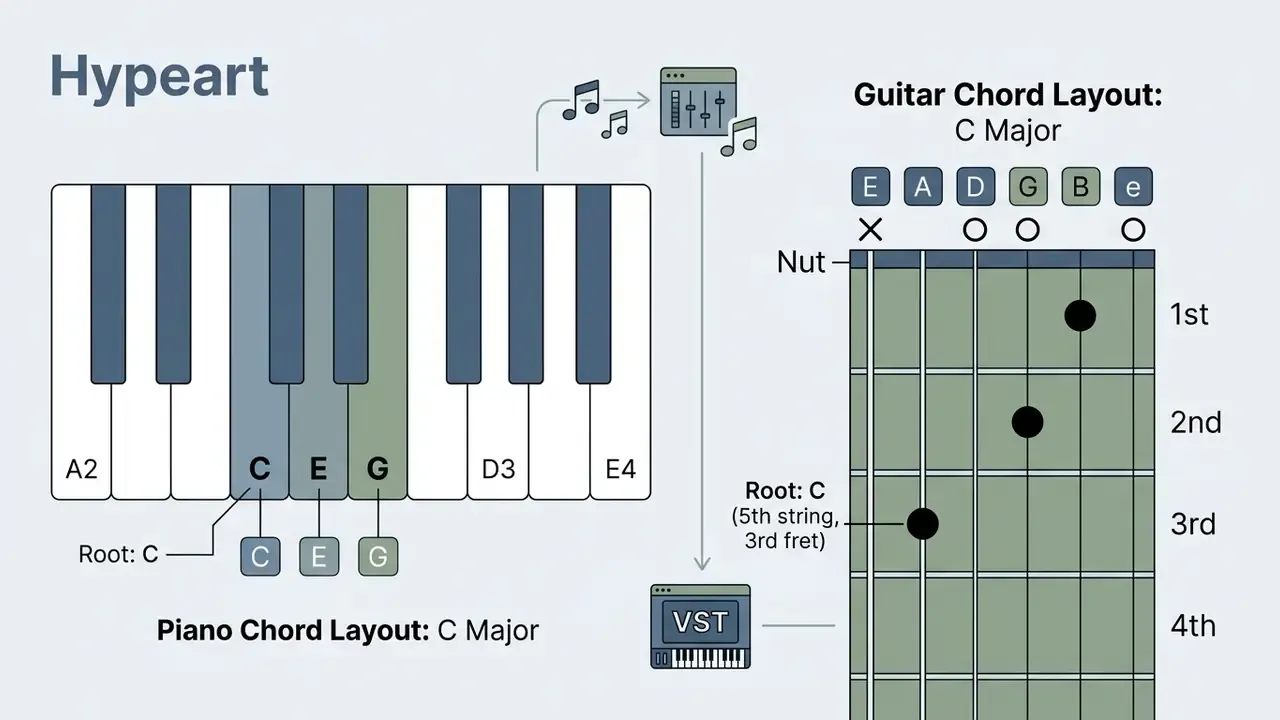 Piano keyboard and guitar fretboard diagrams illustrating the C major chord with root note markers