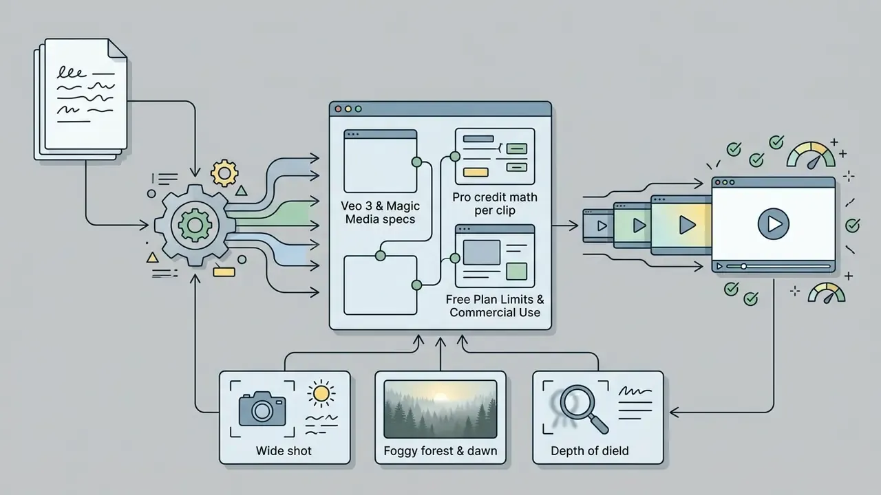 Prompt elements feeding into a central gear and software hub to produce and refine video clips