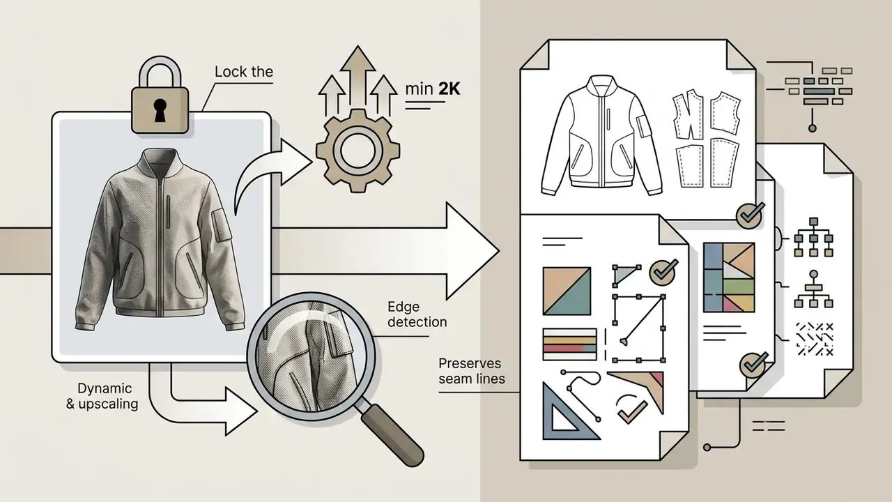 Jacket render being upscaled and analyzed with a magnifying glass to convert into technical vector specs