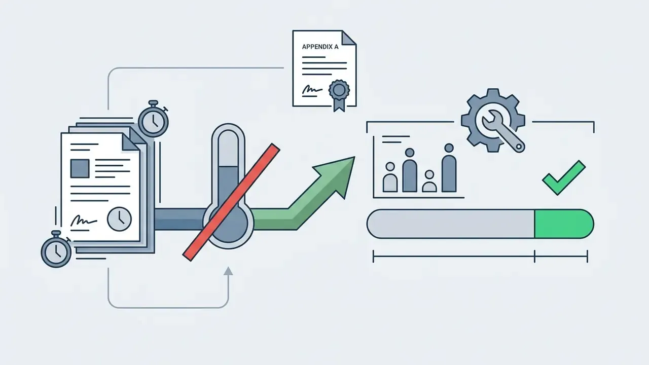 Document with timers being processed through a gauge and converted into a completed task progress bar