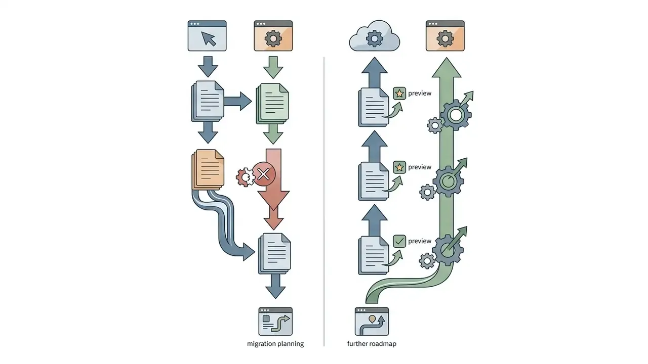 Split view showing a terminated service path on the left and a continuous preview roadmap on the right