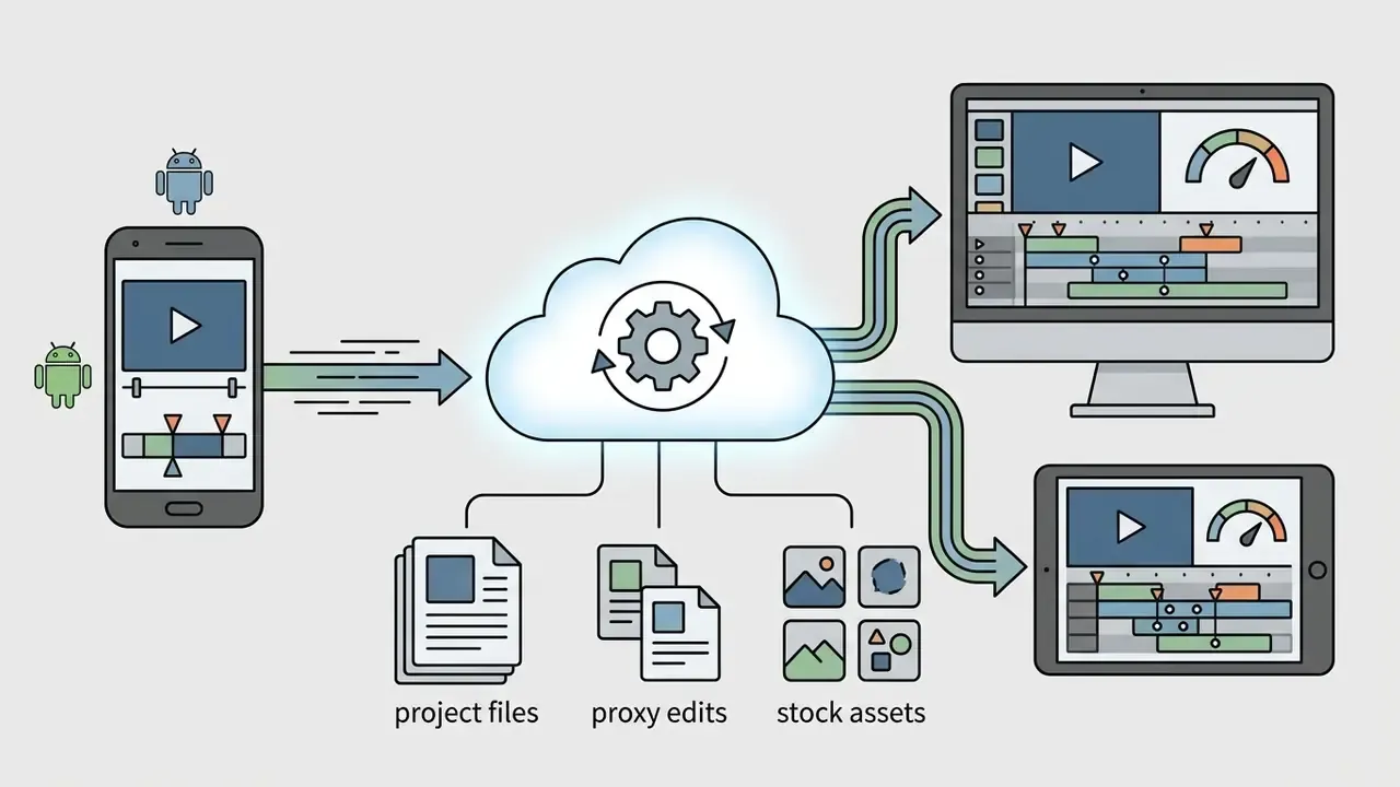 Smartphone syncing project files, proxy edits, and stock assets to a cloud for desktop and tablet access