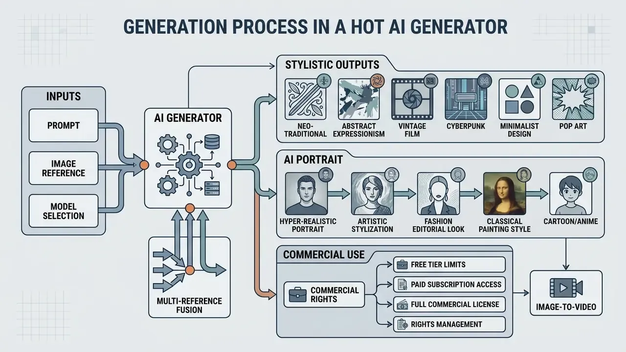 Systematic overview of how a hot AI generator transforms input data into diverse visual and portrait styles