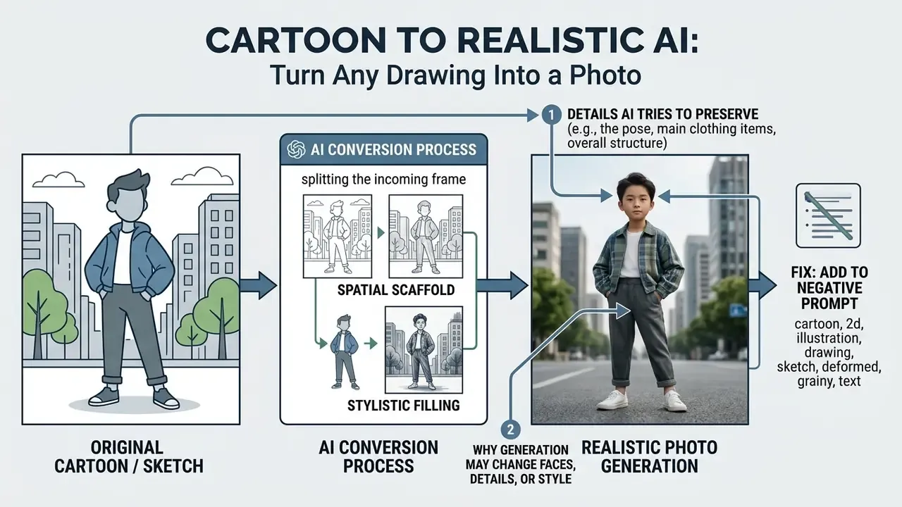 Flowchart detailing the AI process of splitting a cartoon character sketch into spatial and stylistic data