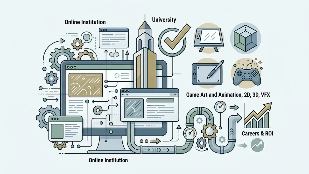 Computer screen with university building and icons for game art, design, and career growth charts