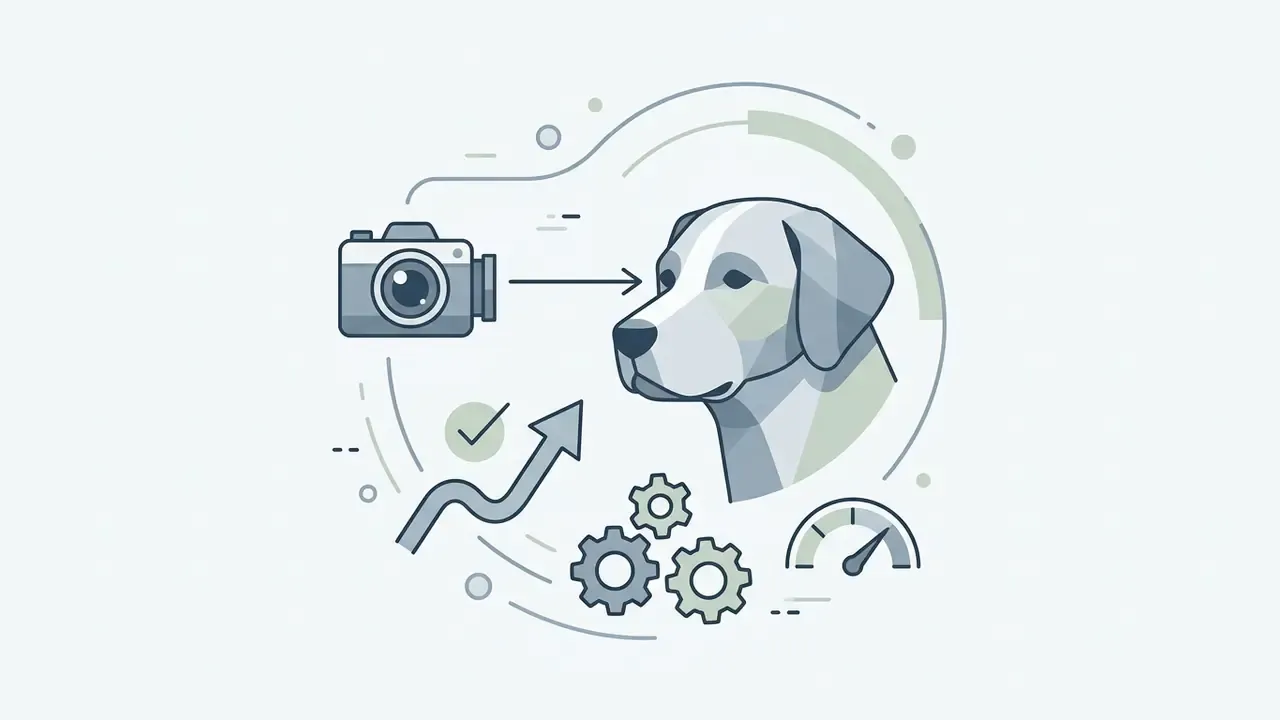 Camera icon pointing at a dog head with gears, an upward arrow, and a gauge indicating optimized settings