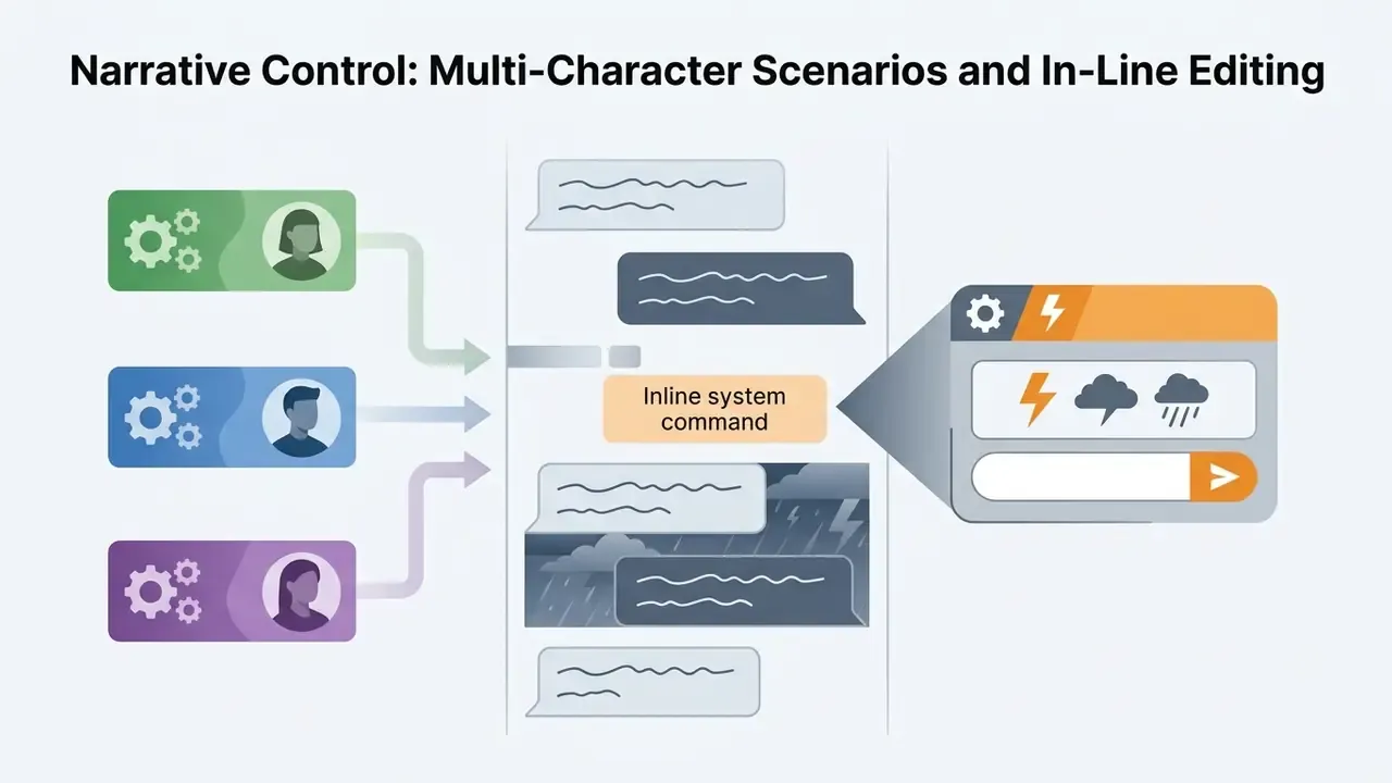 Multiple character profiles feeding into a chat interface where an inline system command triggers a scene