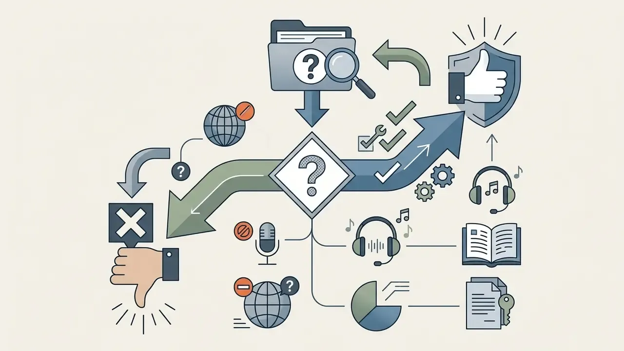 Central question mark branching into paths leading to either restricted access or permitted audio usage icons
