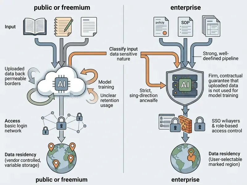 Comparison chart showing data flow and security differences between public and enterprise AI systems
